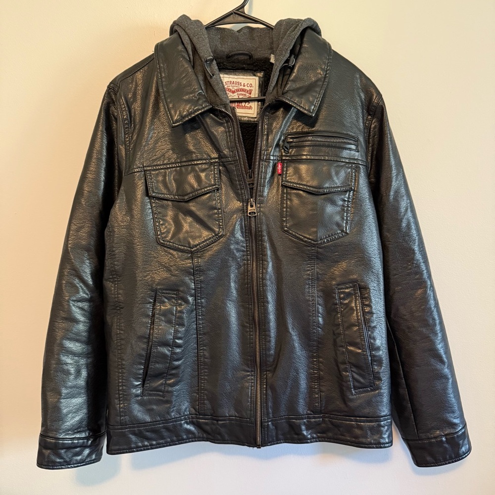 Black Faux Leather Jacket with Hood